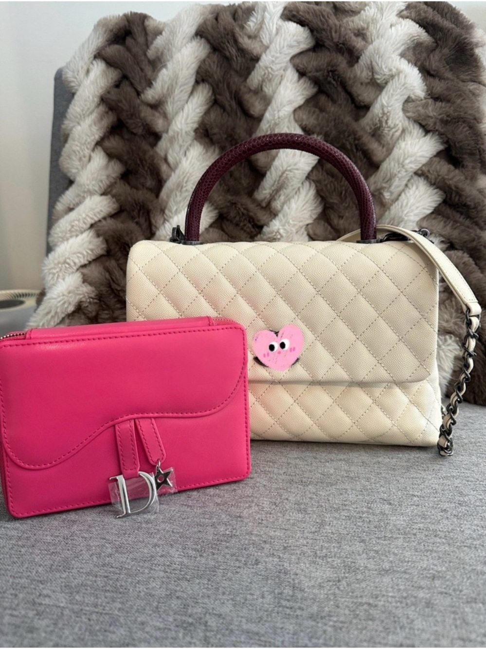 Cream Quilted Top-Handle Bag with Pink Heart Accent & Hot Pink Wallet